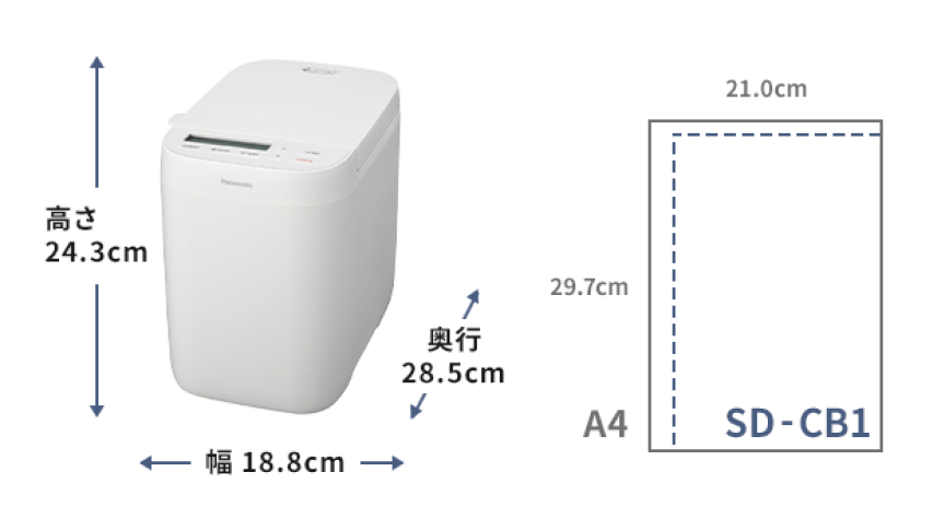 高さ24.3cm、幅18.8cm、奥行28.5cm。A4サイズの上にホームベーカリーを置いた比較。