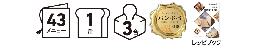 43メニュー、1斤、3合、プレミアム食パン パン・ド・ミ搭載、レシピブック