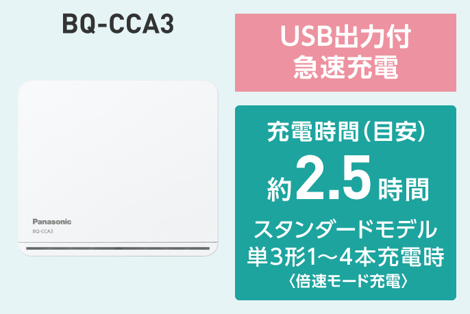 BQ-CCA3 , USB出力付急速充電 , 充電時間目安 約2.5時間 , スタンダードモデル 単3形1～4本充電時〈倍速モード充電〉