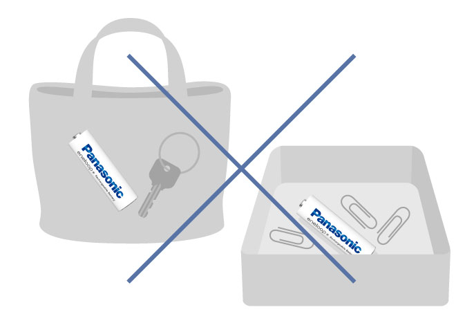 NG持ち運び例のイラスト：鍵やクリップなど、金属類と一緒に持ち運んだり保管しない