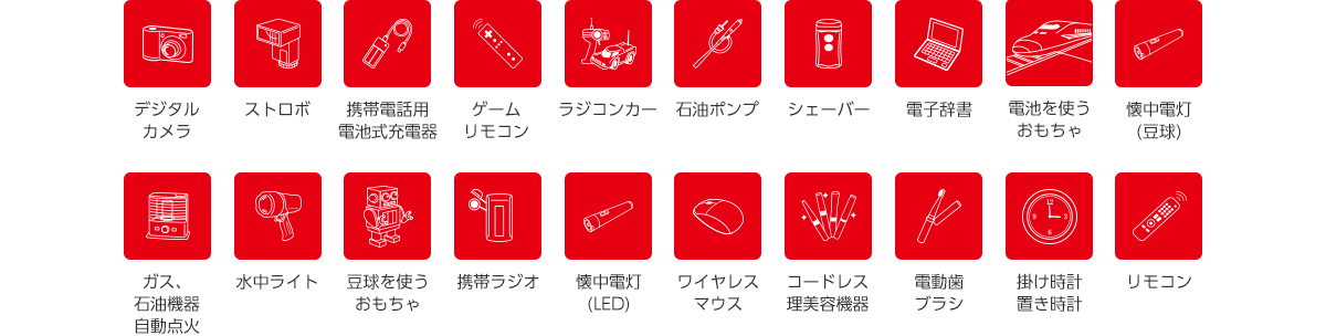 デジタルカメラ/ストロボ/携帯電話用電池式充電器/ゲームリモコン/ラジコンカー/石油ポンプ/シェーバー/電子辞書/電池を使うおもちゃ/懐中電灯(豆球)/ガス・石油機器・自動点火/水中ライト/豆球を使うおもちゃ/携帯ラジオ/懐中電灯(LED)/ワイヤレスマウス/コードレス理美容機器/電動歯ブラシ/掛け時計・置き時計/リモコン