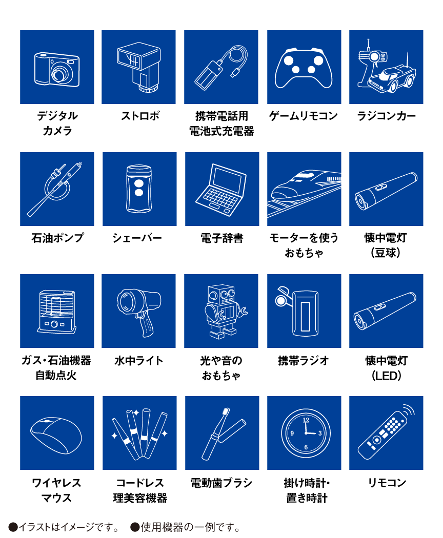 デジタルカメラ/ストロボ/携帯電話用電池式充電器/ゲームリモコン/ラジコンカー/石油ポンプ/シェーバー/電子辞書/電池を使うおもちゃ/懐中電灯(豆球)/ガス・石油機器・自動点火/水中ライト/豆球を使うおもちゃ/携帯ラジオ/懐中電灯(LED)/ワイヤレスマウス/コードレス理美容機器/電動歯ブラシ/掛け時計・置き時計/リモコン