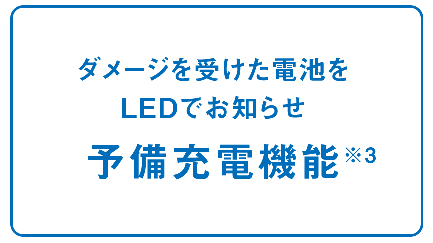 ダメージを受けた電池をLEDでお知らせ 予備充電機能※3
