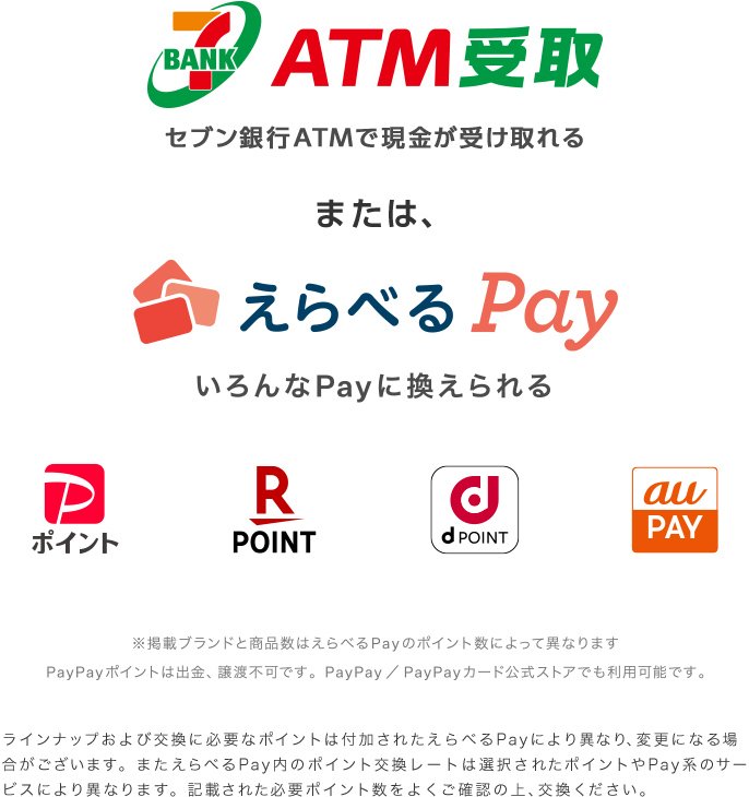7BANK ATM受取または、えらべるPay いろんなPayに換えられる 掲載ブランドと商品数はえらべるPayのポイント数によって異なります。PayPayポイントは出金、譲渡不可です。PayPay公式ストアでも利用可能です。ラインナップおよび交換に必要なポイントは付加されたえらべるPayにより異なり、変更になる場合がございます。またえらべるPay内のポイント交換レートは選択されたポイントやPay系のサービスにより異なります。記載された必要ポイント数をよくご確認の上、交換ください。