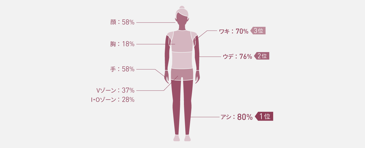女性（ES-WP9B使用）のムダ毛ケアの部位別割合：足79%、腕77%、ワキ71%、顔69%、手61%、Vゾーン39%、I・O28%、胸21%。足が最多。