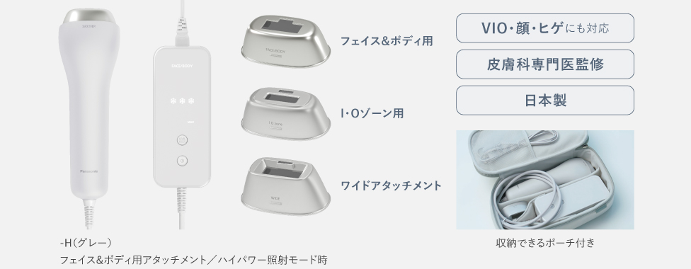 写真：光エステ スムースエピ ES-WG0A H(グレー)［フェイス＆ボディ用アタッチメント,I・Oゾーン用アタッチメント,ワイドアタッチメント] 機能アイコン：VIO・ヒゲ対応、皮膚科専門医監修、日本製、収納できるポーチ付き