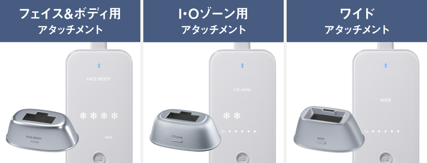 写真：フェイス＆ボディ用アタッチメント、I・Oゾーン用アタッチメント、ワイドアタッチメント