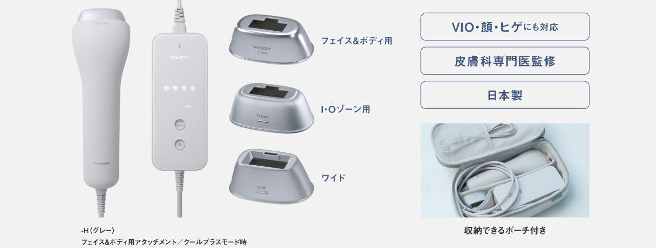 写真：光エステ スムースエピ ES-WG0B H(グレー)［フェイス＆ボディ用アタッチメント,I・Oゾーン用アタッチメント,ワイドアタッチメント] 機能アイコン：VIO・顔・ヒゲ対応、皮膚科専門医監修、日本製、収納できるポーチ付き