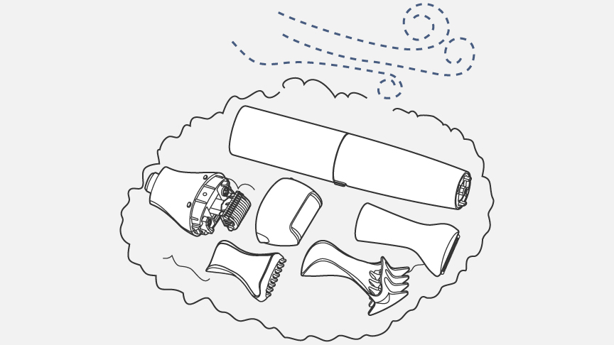 イラスト：タオルを敷いた上に、本体、アタッチメント、ヘッドをのせて自然乾燥している様子