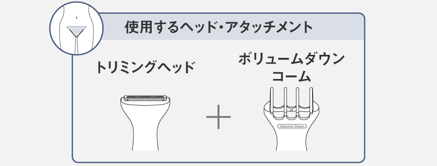 使用するヘッド・アタッチメントのイラスト：トリミングヘッド+ボリュームダウンコーム