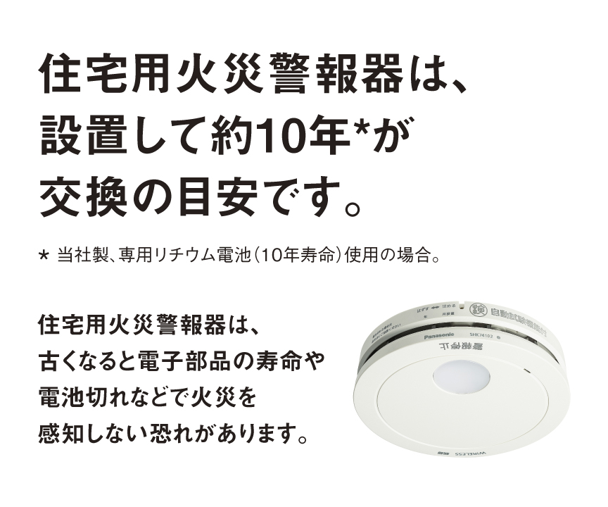 住宅用火災警報器は設置して約10＊年を目安に、本体ごと交換を　＊当社製、専用リチウム電池(10年寿命)使用の場合。