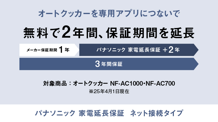 オートクッカーを専用アプリにつないで無料で2年間保証期間を延長。メーカー保証期間1年とパナソニック 家電延長保証+2年で計3年間保証。対象商品はオートクッカーNF-AC1000・NF-AC700（25年4月1日現在）。 パナソニック 家電延長保証 ネット接続タイプ
