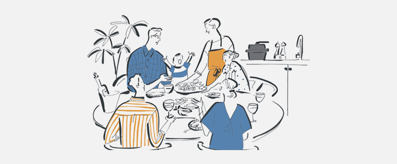 イラスト：娘夫婦や孫が遊びに来たにぎやかな食卓