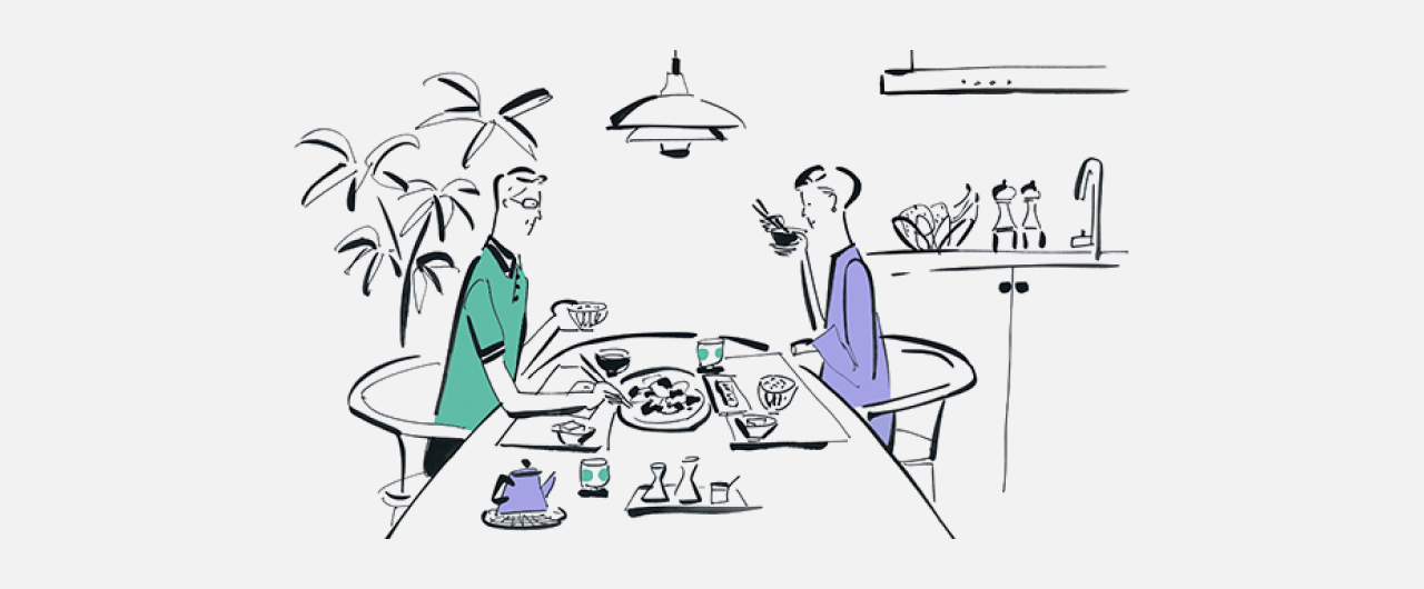 イラスト：向かい合わせでご飯を食べる二人の食卓