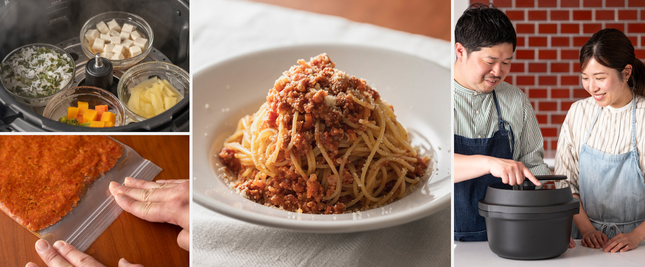 写真：取り分けられる鶏ミートソース、揚げない鮭フライ、鶏ひき肉豆腐の離乳食プレートとぐっち夫婦