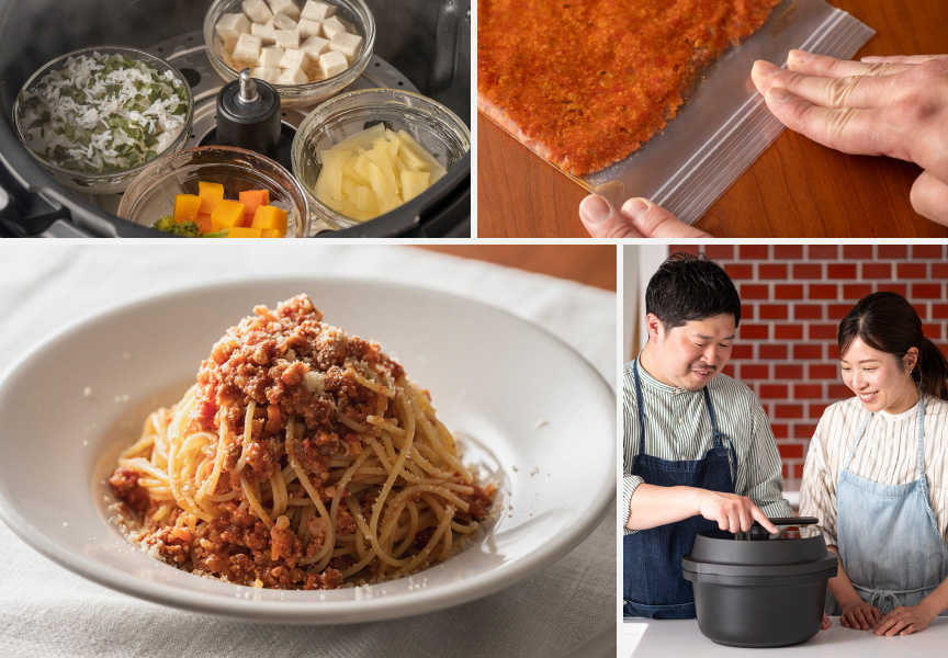 写真：取り分けられる鶏ミートソース、揚げない鮭フライ、鶏ひき肉豆腐の離乳食プレートとぐっち夫婦