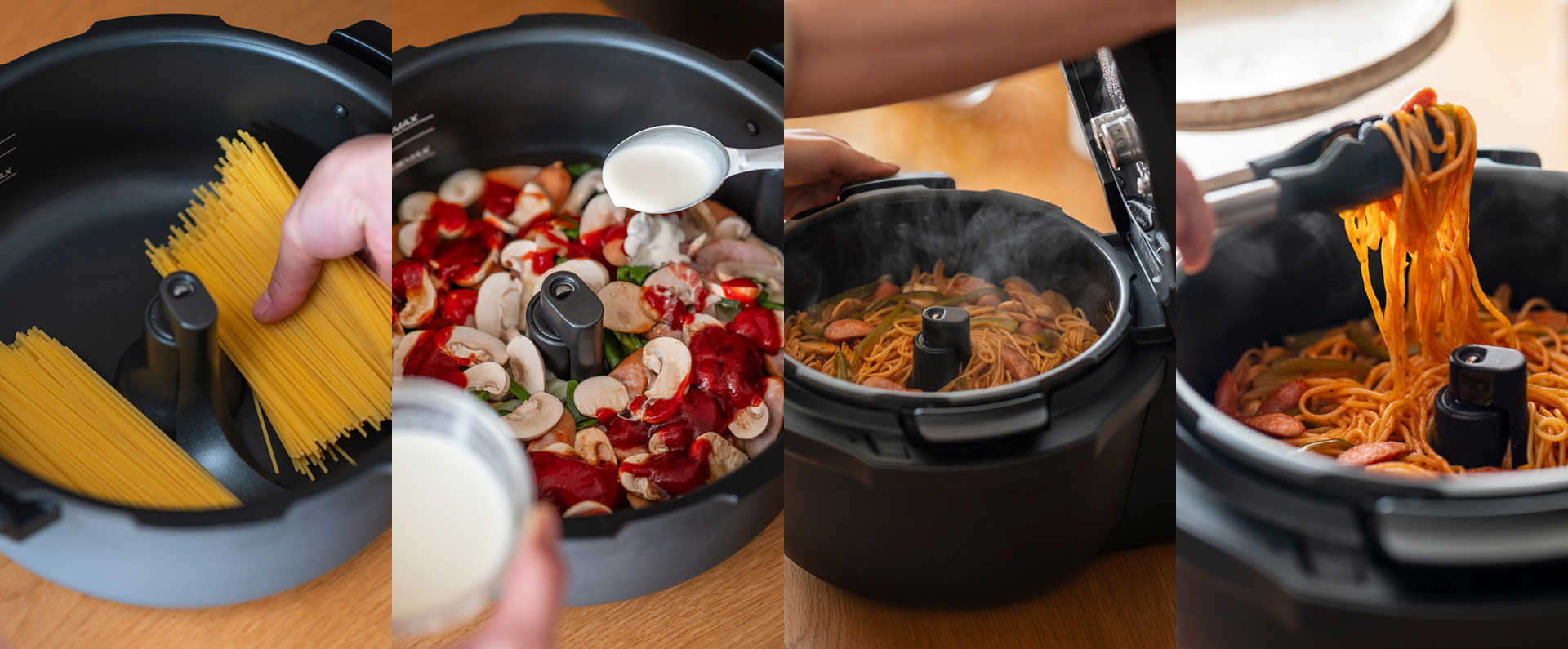 写真：オートクッカーを利用したパスタづくりの手順（パスタを入れる、ソースの材料を入れる、パスタが完成してオートクッカーの蓋を開けるようす、パスタをトングで掴むようす）