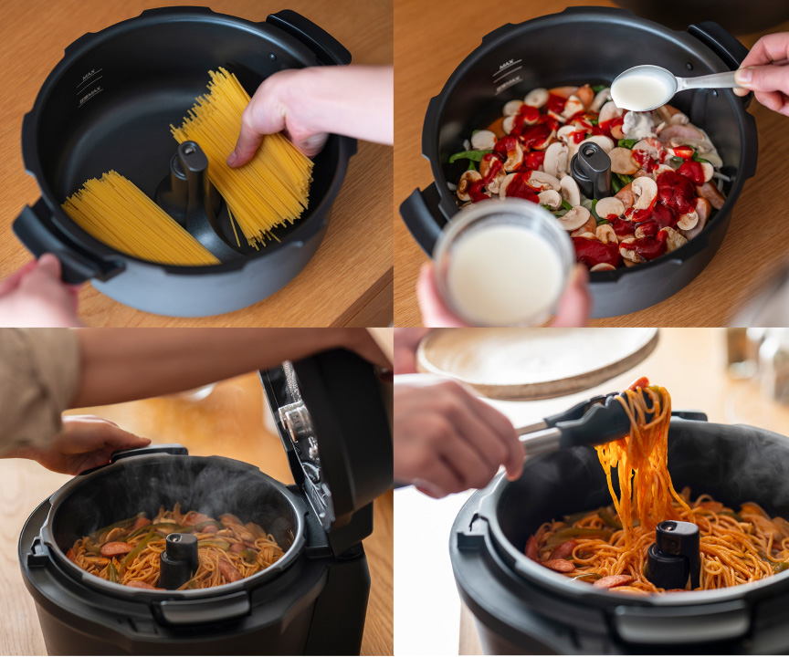 写真：オートクッカーを利用したパスタづくりの手順（パスタを入れる、ソースの材料を入れる、パスタが完成してオートクッカーの蓋を開けるようす、パスタをトングで掴むようす）