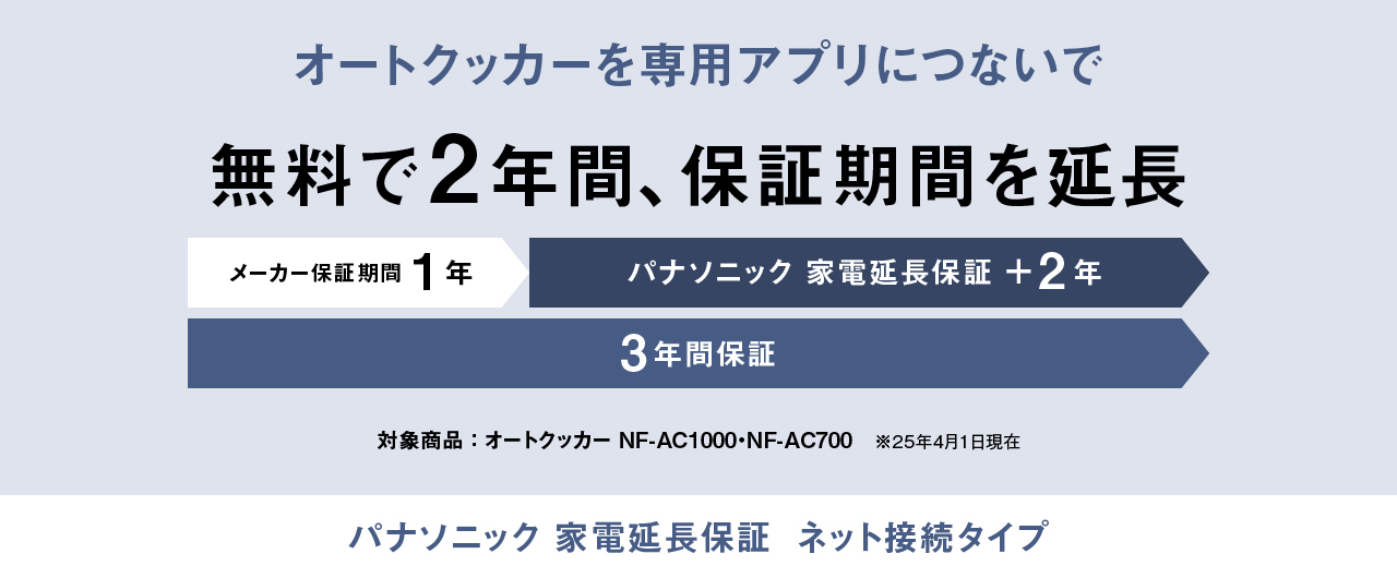 オートクッカーを専用アプリにつないで無料で2年間保証期間を延長。メーカー保証期間1年とパナソニック 家電延長保証+2年で計3年間保証。対象商品はオートクッカーNF-AC1000・NF-AC700（25年4月1日現在）。 パナソニック 家電延長保証 ネット接続タイプ