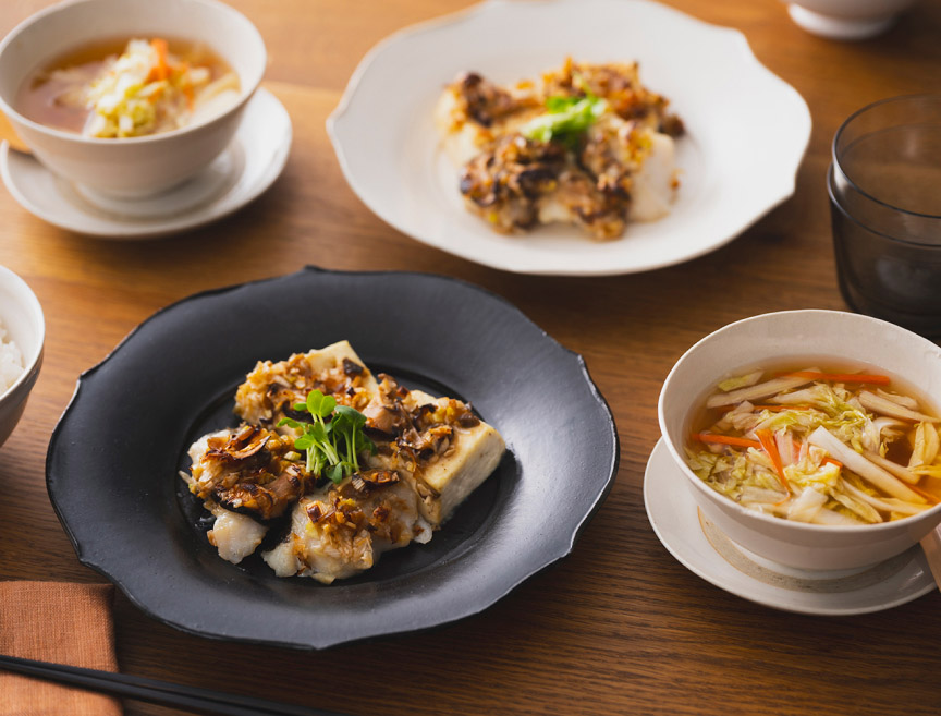 たらと豆腐のザーサイ中華だれ＆白菜とにんじんのスープ