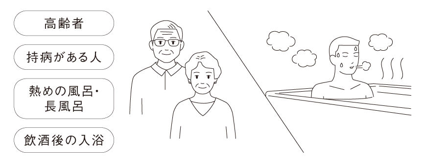 高齢者・持病がある人・熱めの風呂、長風呂・飲酒後の入浴