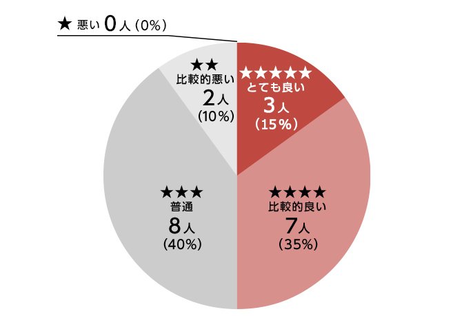 円グラフ；星5つ とてもよい 3人（5%）　星4つ 比較的良い 7人（35%）　星3つ 普通 8人（40%）　星2つ 比較的悪い 2人（10%）　星1つ 悪い 0人（0%）