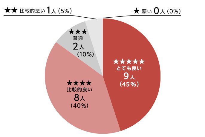 円グラフ；星5つ とてもよい 9人（45%）　星4つ 比較的良い 8人（40%）　星3つ 普通 2人（10%）　星2つ 比較的悪い 1人（5%）　星1つ 悪い 0人（0%）