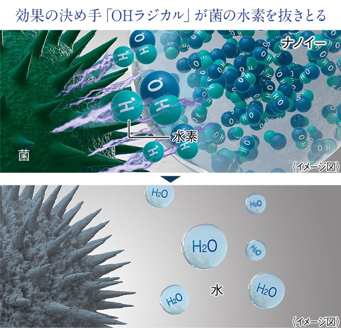 効果の決め手「OHラジカル」が菌の水素を抜きとる　イメージ図　ナノイー・菌・水素・水
