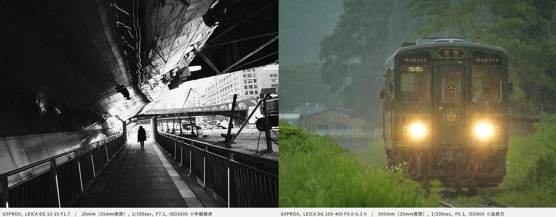 川沿いの高架下を歩く人物/雨の中を走る列車