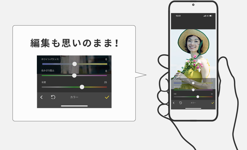 スマートフォンに送った写真・動画を色味設定やカット編集
