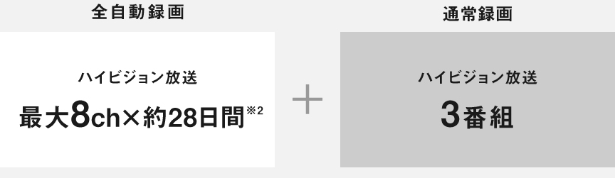 画像：2X610の場合：全自動録画 ハイビジョン放送 最大8ch×約28日間＋通常録画 ハイビジョン放送 3番組