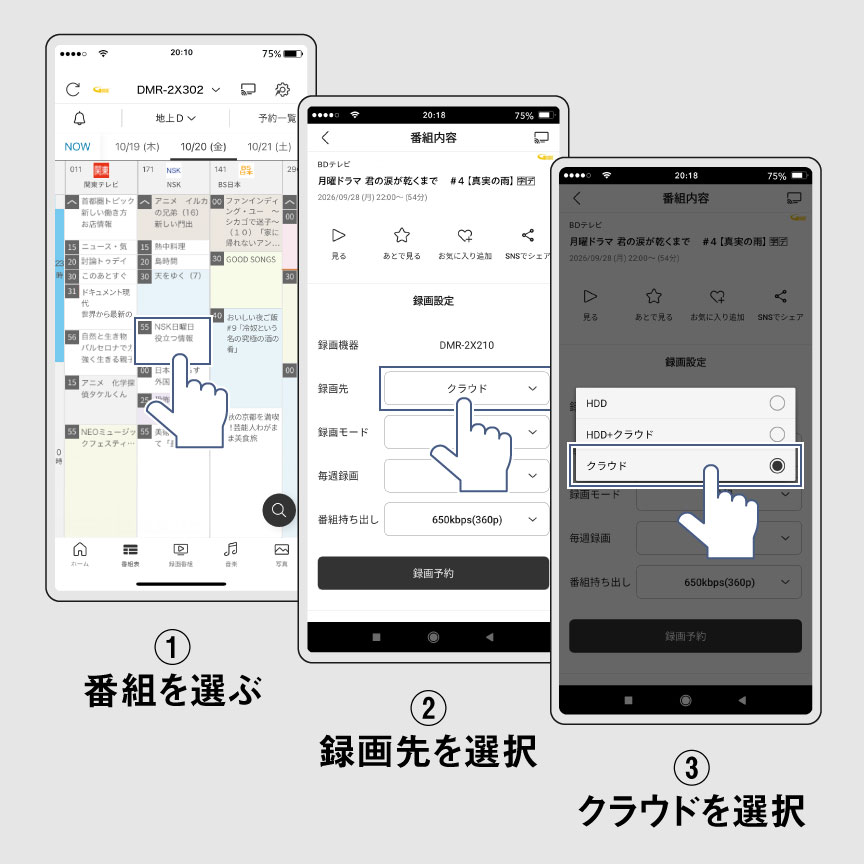 ①番組を選ぶ　②録画先を選択　③クラウドを選択