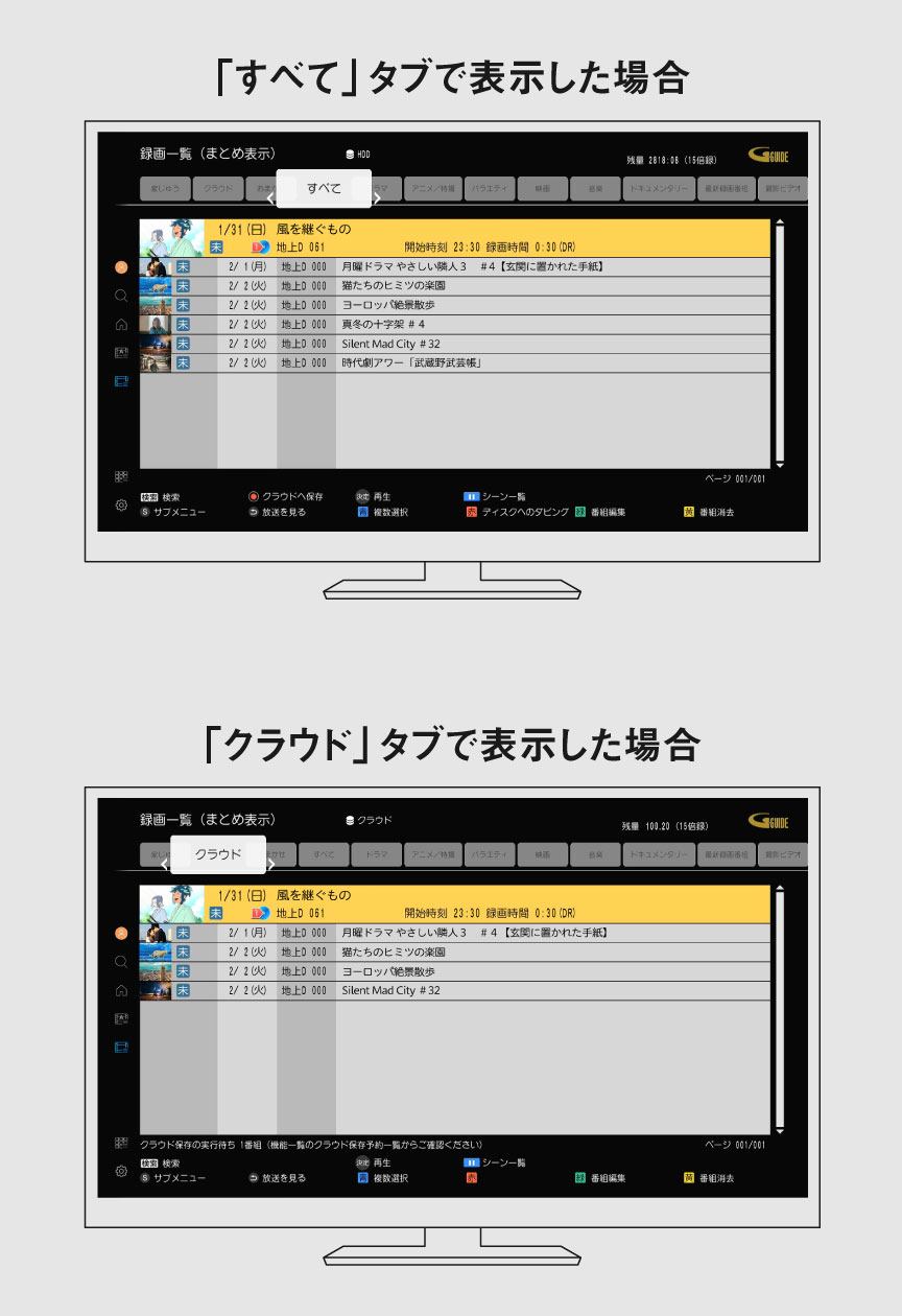 「すべて」を選ぶとクラウド保存された番組にはクラウドマークがつきます。「クラウド」タブを選択するとクラウドに保存した番組のみが表示されます。