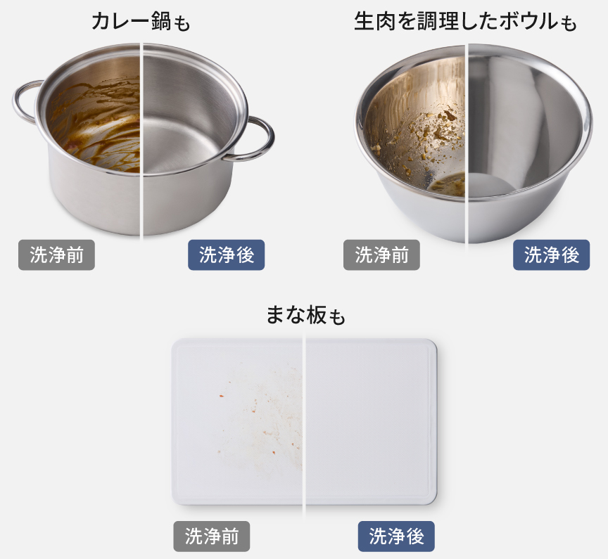洗浄前・後の比較写真：カレー鍋も、生肉を調理したボウルも、まな板も
