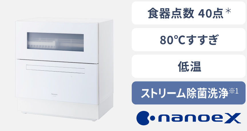 NP-TZ500商品イメージ,食器点数40点,80℃すすぎ,低温,ストリーム除菌洗浄,ナノイーX