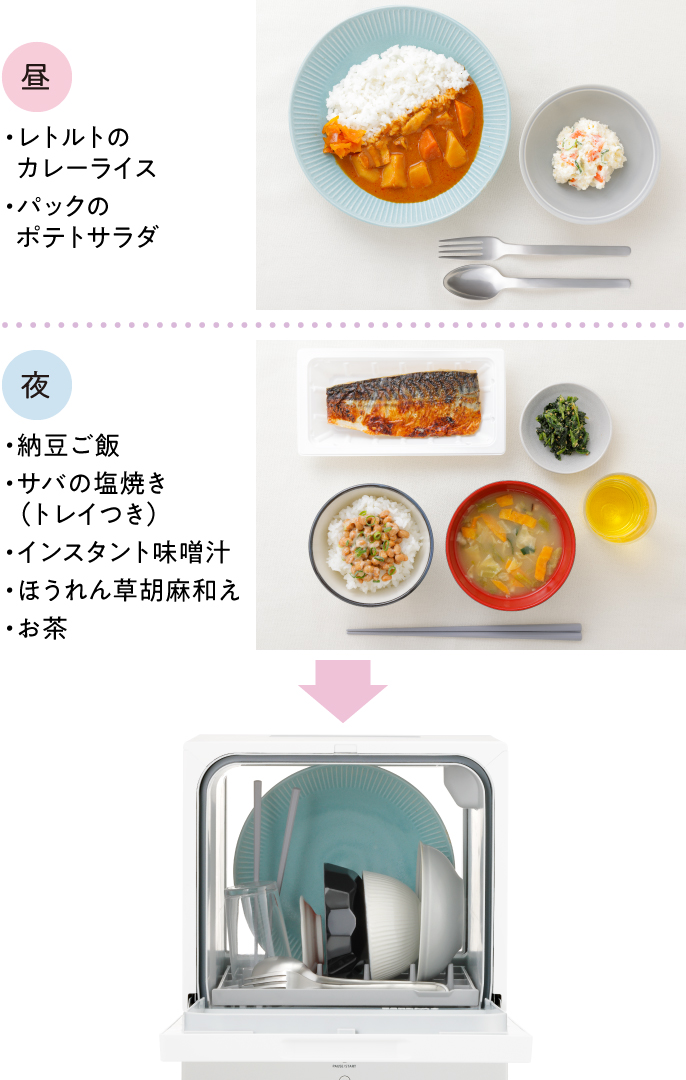 昼食での食器使用例：大皿（レトルトのカレーライス）、小鉢（パックのポテトサラダ）、フォーク・スプーン,夜の食器使用例：ご飯茶碗（納豆ご飯）、サバの塩焼き（トレイつき、食器不使用）、汁椀（インスタントみそ汁）、小鉢（ほうれん草胡麻和え）、グラス（お茶）、箸,それらを食洗機にセットした様子