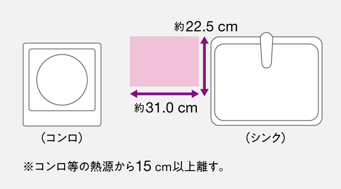 上から見た設置のイメージ図,※コンロ等の熱源から15cm以上離す。