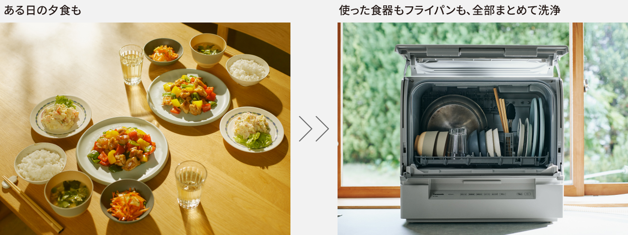 ある日の夕食も　使った食器もフライパンも、全部まとめて洗浄