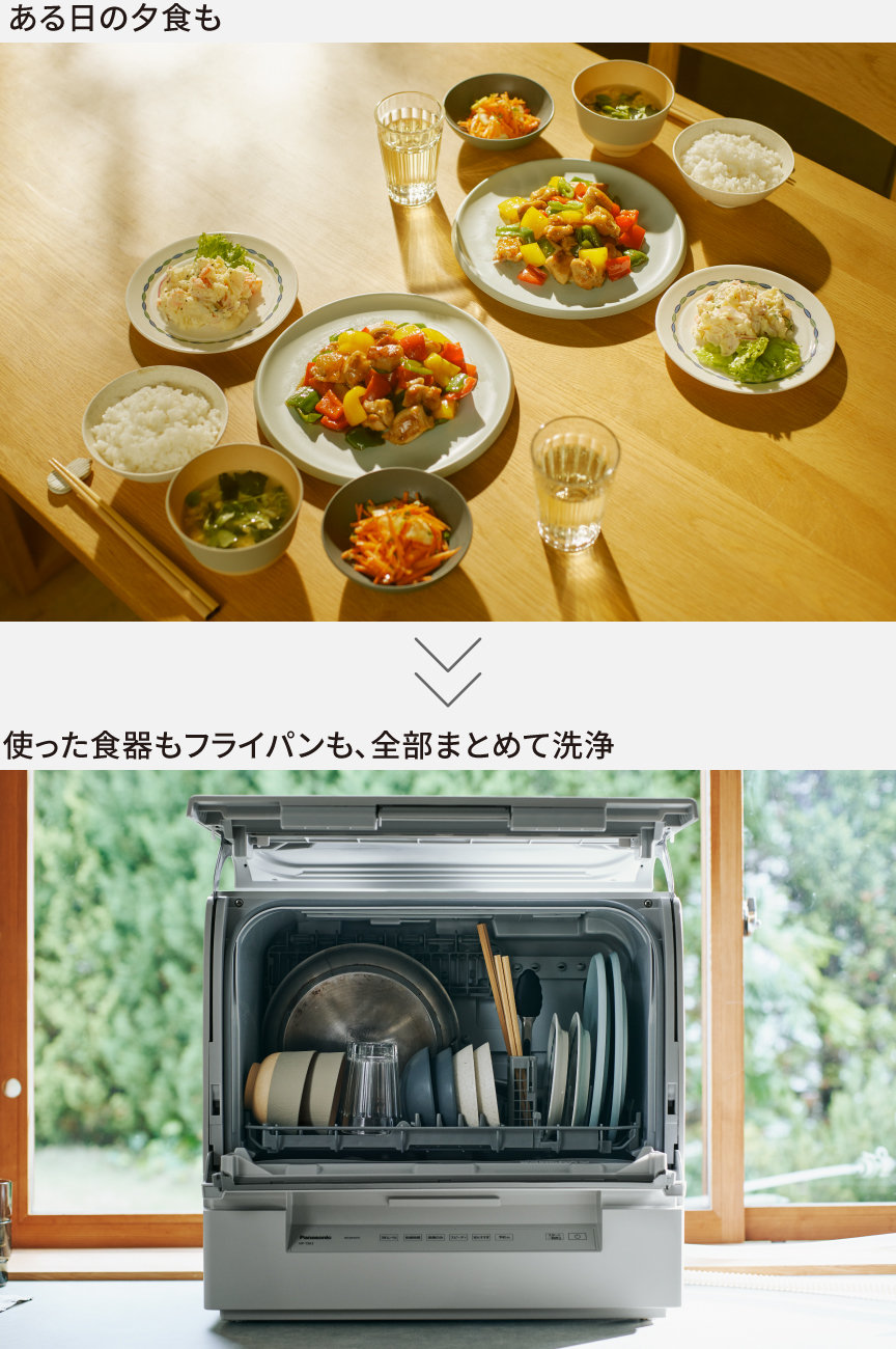 ある日の夕食も　使った食器もフライパンも、全部まとめて洗浄