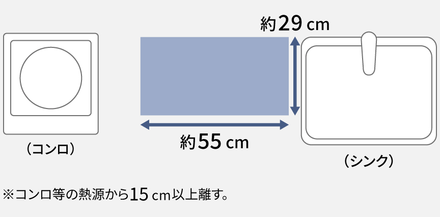 図：幅約55cm、奥行約29cm。コンロ等の熱源から15cm以上離す。