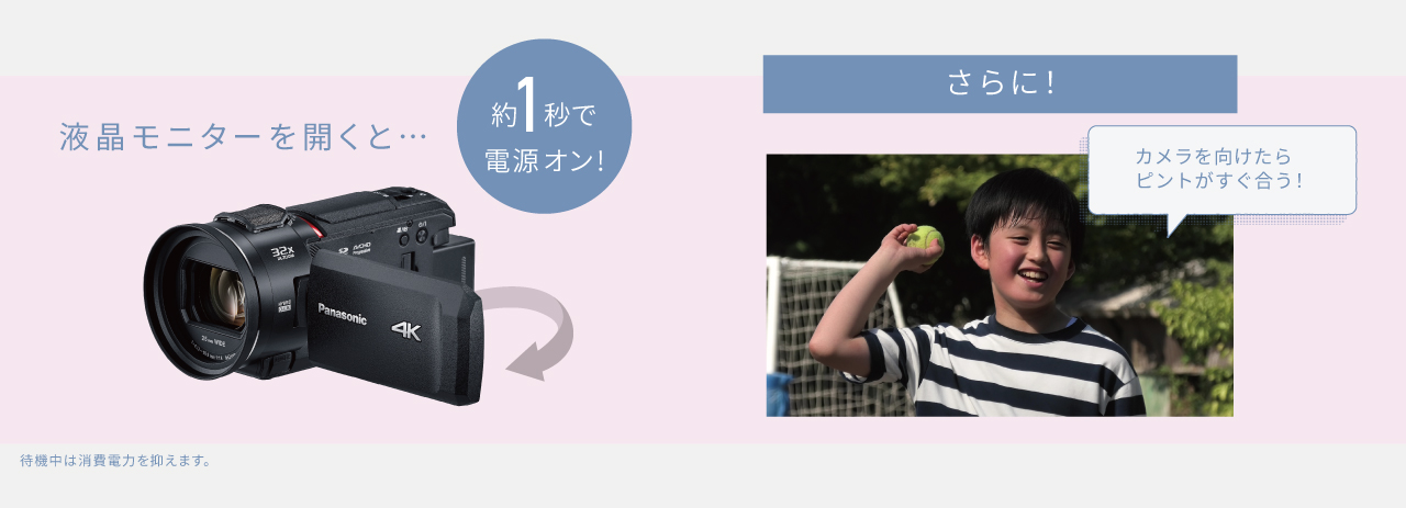 影響モニターを開くと、約1秒で電源オン！さらにカメラを向けたらすぐにピントが合う！※待機中は消費電力を抑えます。