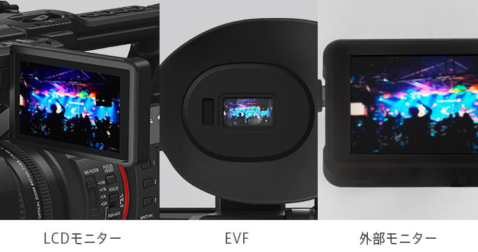 カメラや外部モニターで同時に確認できるLCD/EVF/HDMI/３G-SDIの中から3系統同時出力(SDI はX2のみ)