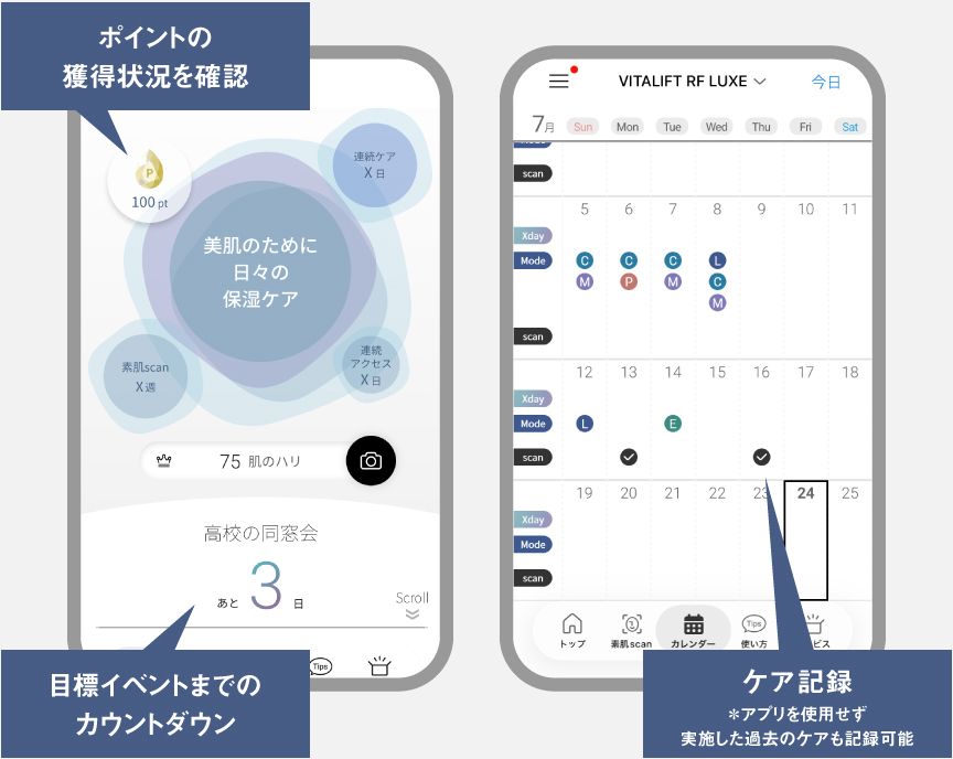 画面イメージ：目標イベントまでのカウントダウン、ケア記録 ＊アプリを使用せず実施した過去のケアも記録可能