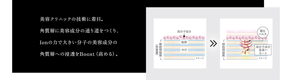 美容クリニックの技術に着目。角質層に美容成分の通り道をつくり、Ionの力で大きい分子の美容成分の角質層への浸透をBoost（高める）。