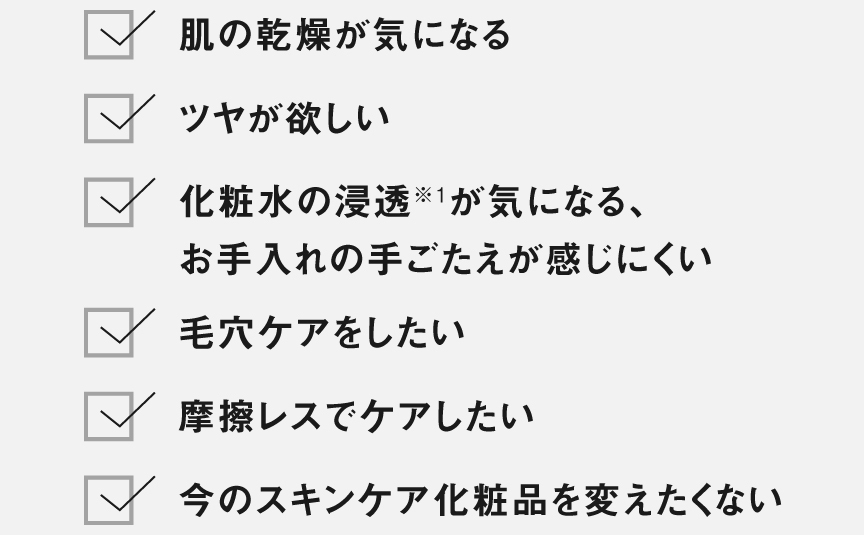 肌の乾燥が気になる/ツヤが欲しい/化粧水の浸透が気になる/毛穴ケアをしたい/摩擦レスでケアしたい/化粧品を変えたくない