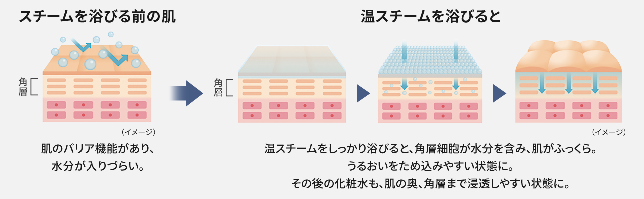 スチームを浴びる前の肌：肌のバリア機能があり水分が入りづらい。⇒ナノケアスチームを浴びると：肌表面がゆるみ角層の吸水性が高まります。スチームを浴び続けることにより、肌の角質水分量をぐっと上げることができます。