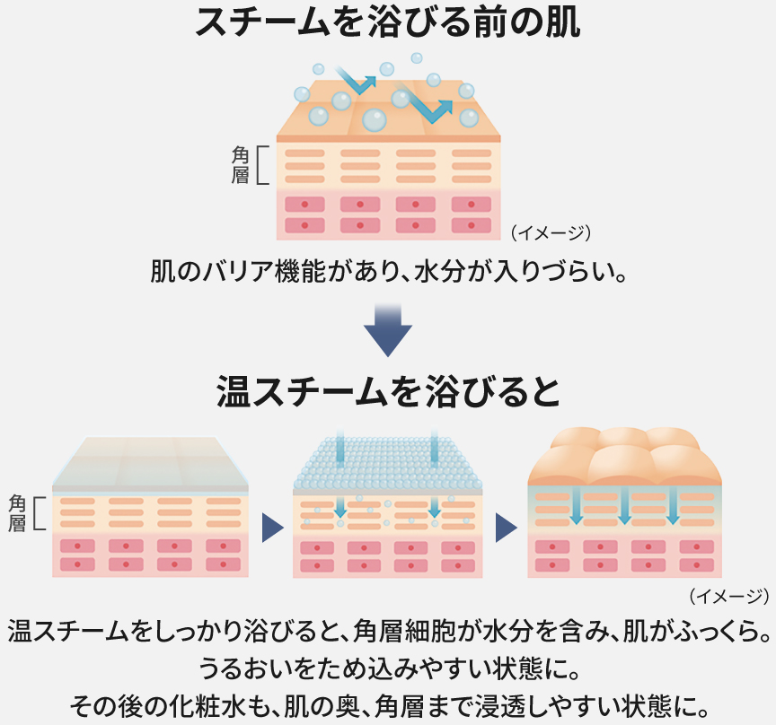スチームを浴びる前の肌：肌のバリア機能があり水分が入りづらい。⇒ナノケアスチームを浴びると：肌表面がゆるみ角層の吸水性が高まります。スチームを浴び続けることにより、肌の角質水分量をぐっと上げることができます。