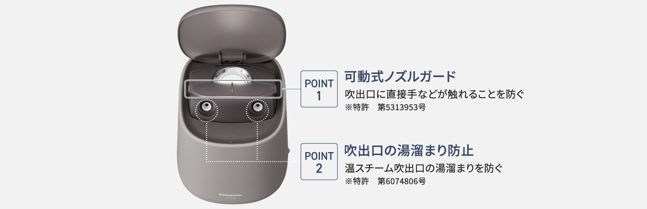 商品写真：可動式ノズルガード、吹出口の湯溜まり防止