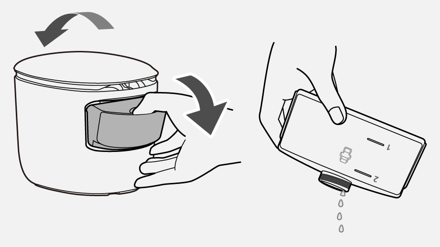 イラスト：給水タンクをはずし、水を捨てる