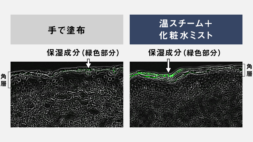 比較イメージ：手で塗布するより温スチーム+化粧水ミストの方が保湿成分が角層までしっかり浸透